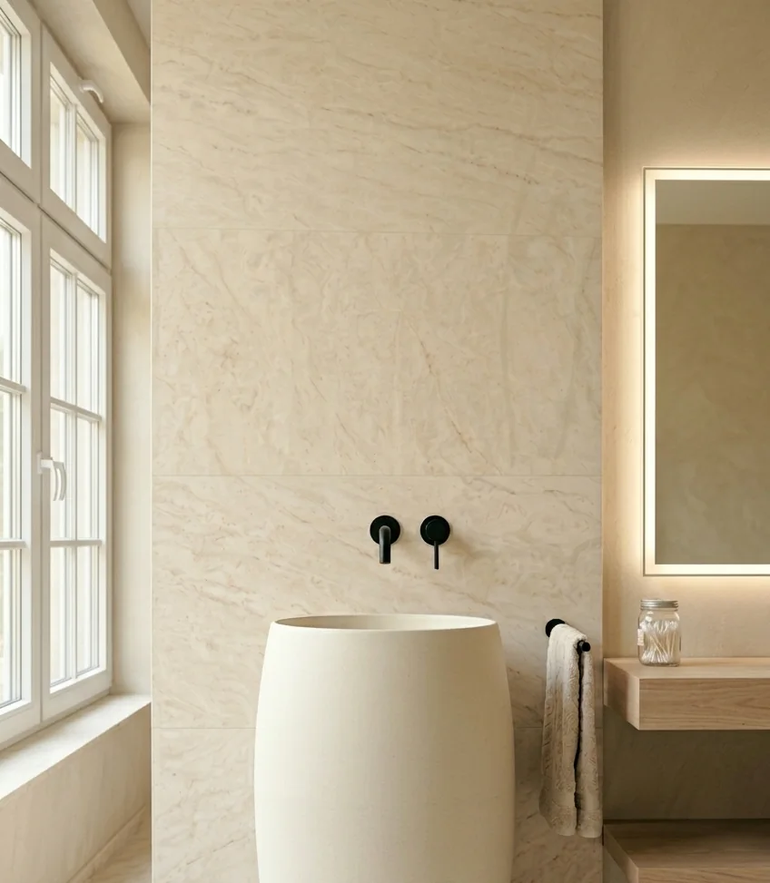 Freistehendes Waschbecken mit mattschwarzer Designarmatur