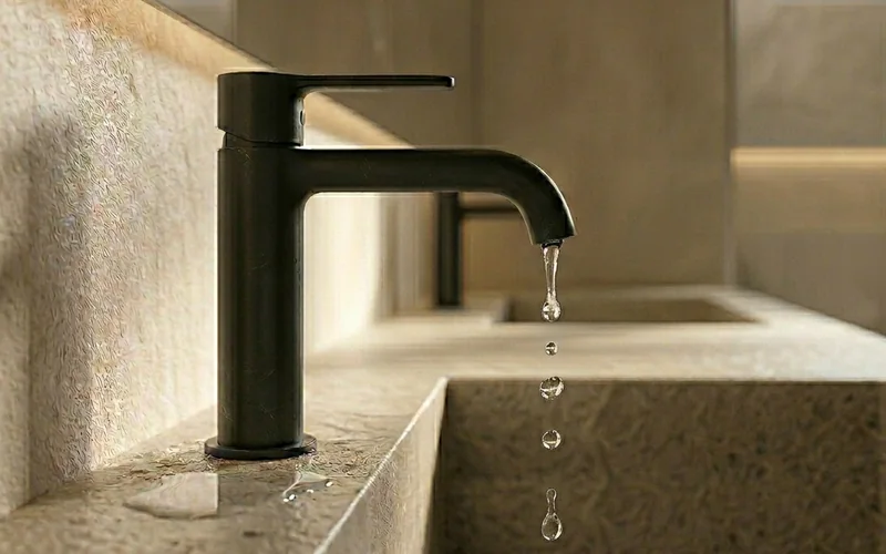 Tropfender Wasserhahn an mattschwarzer Armatur