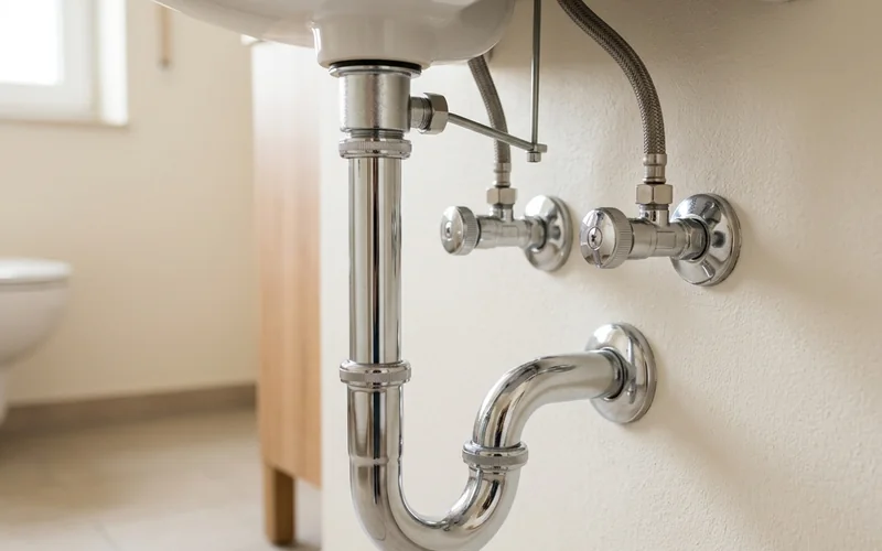 Siphon und Eckventile unter dem Waschtisch